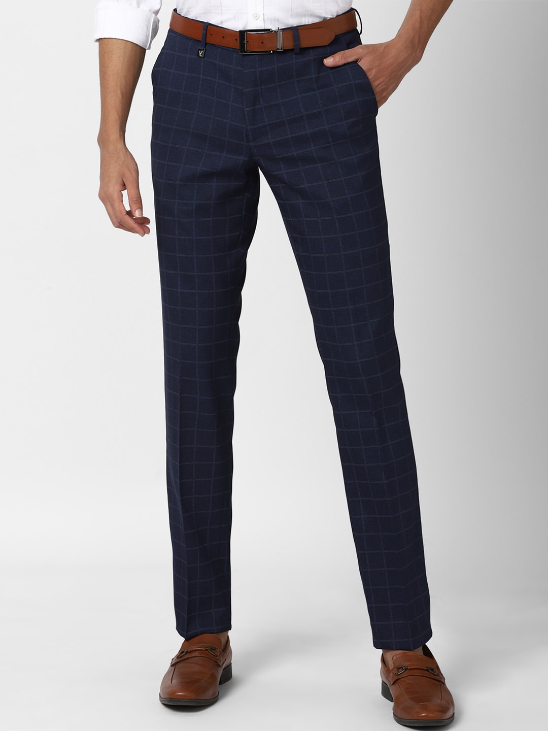 

V Dot Men Navy Blue Checked Skinny Fit Trousers