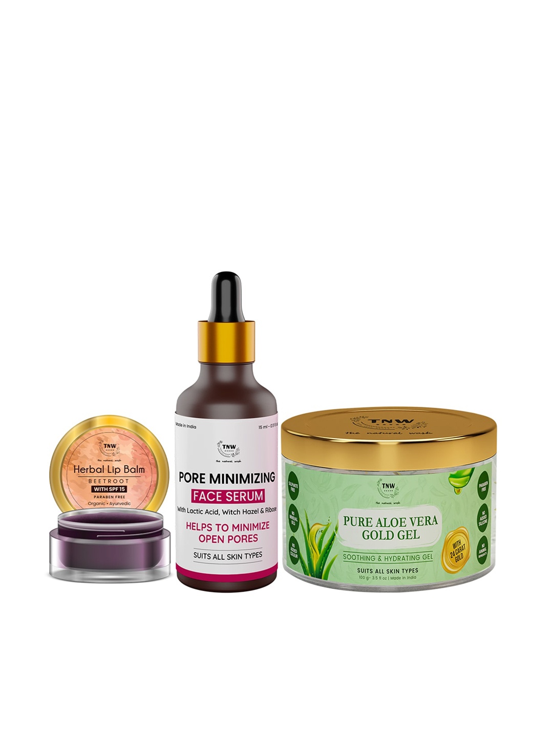 

TNW the natural wash Set of Gold Gel - Beetroot Lip Balm & Pore-Minimizing Face Serum, White