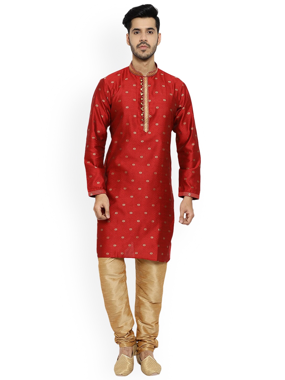 

Pro-Ethic STYLE DEVELOPER Men Maroon & Gold-Toned Floral Printed Kurta with Churidar