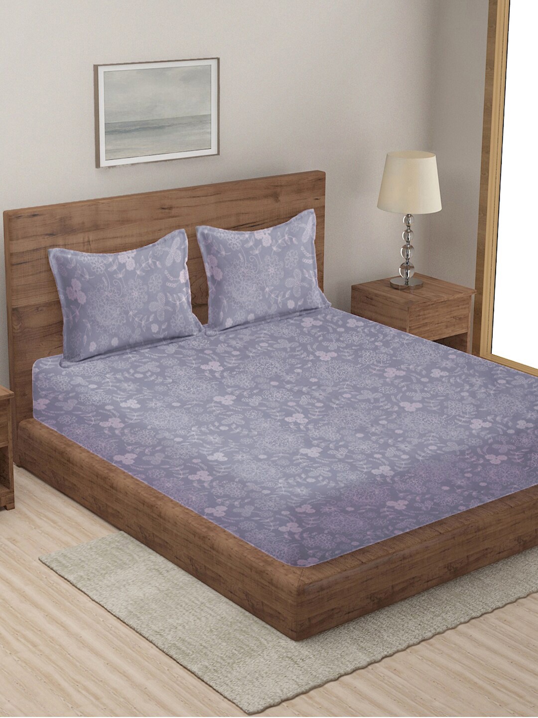 

KLOTTHE Grey & White Floral 300 TC King Bedsheet with 2 Pillow Covers