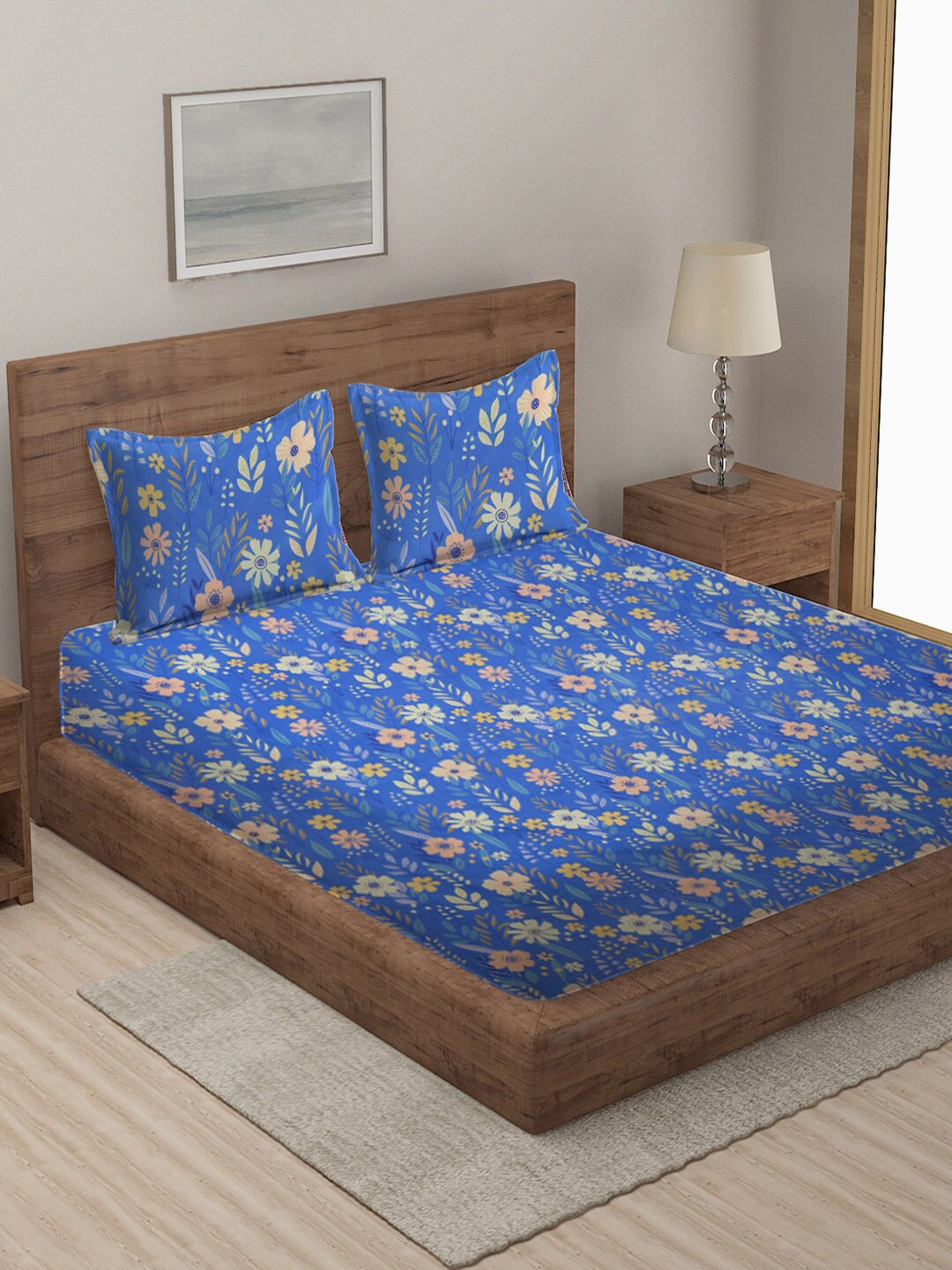 

KLOTTHE Blue & Yellow Floral 210 TC King Bedsheet with 2 Pillow Covers