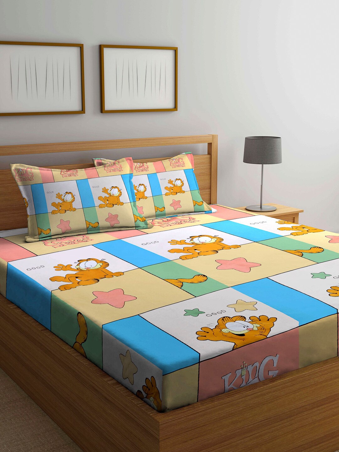 

KLOTTHE White & Blue Cartoon Characters 210 TC King Bedsheet with 2 Pillow Covers