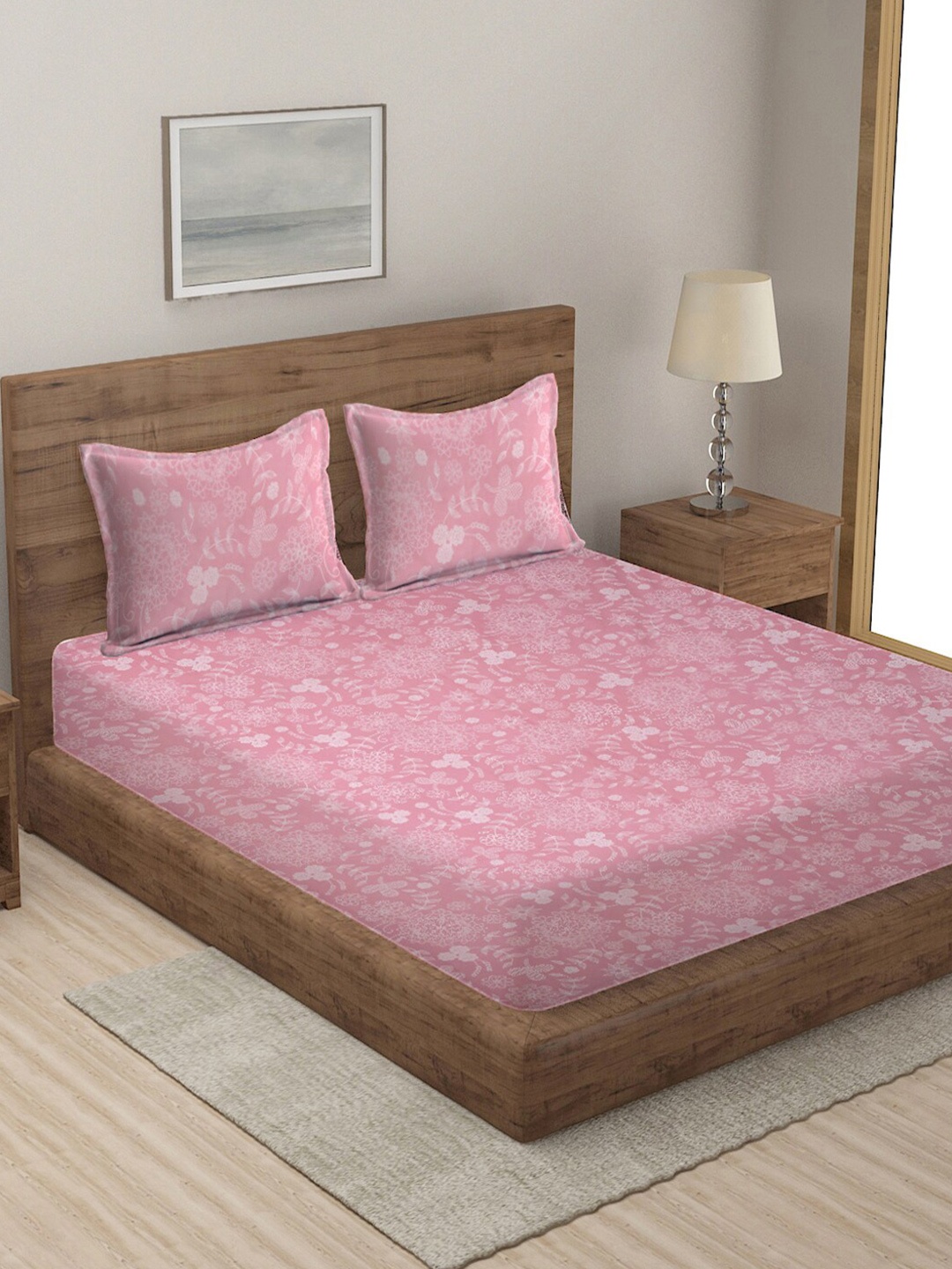 

KLOTTHE Pink & White Floral 210 TC Double King Bedsheet with 2 Pillow Covers
