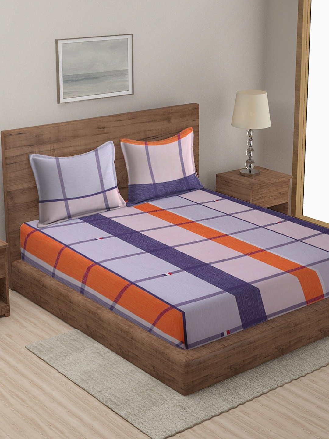 

Grey & Navy Blue Geometric 300 TC King Bedsheet with 2 Pillow Covers