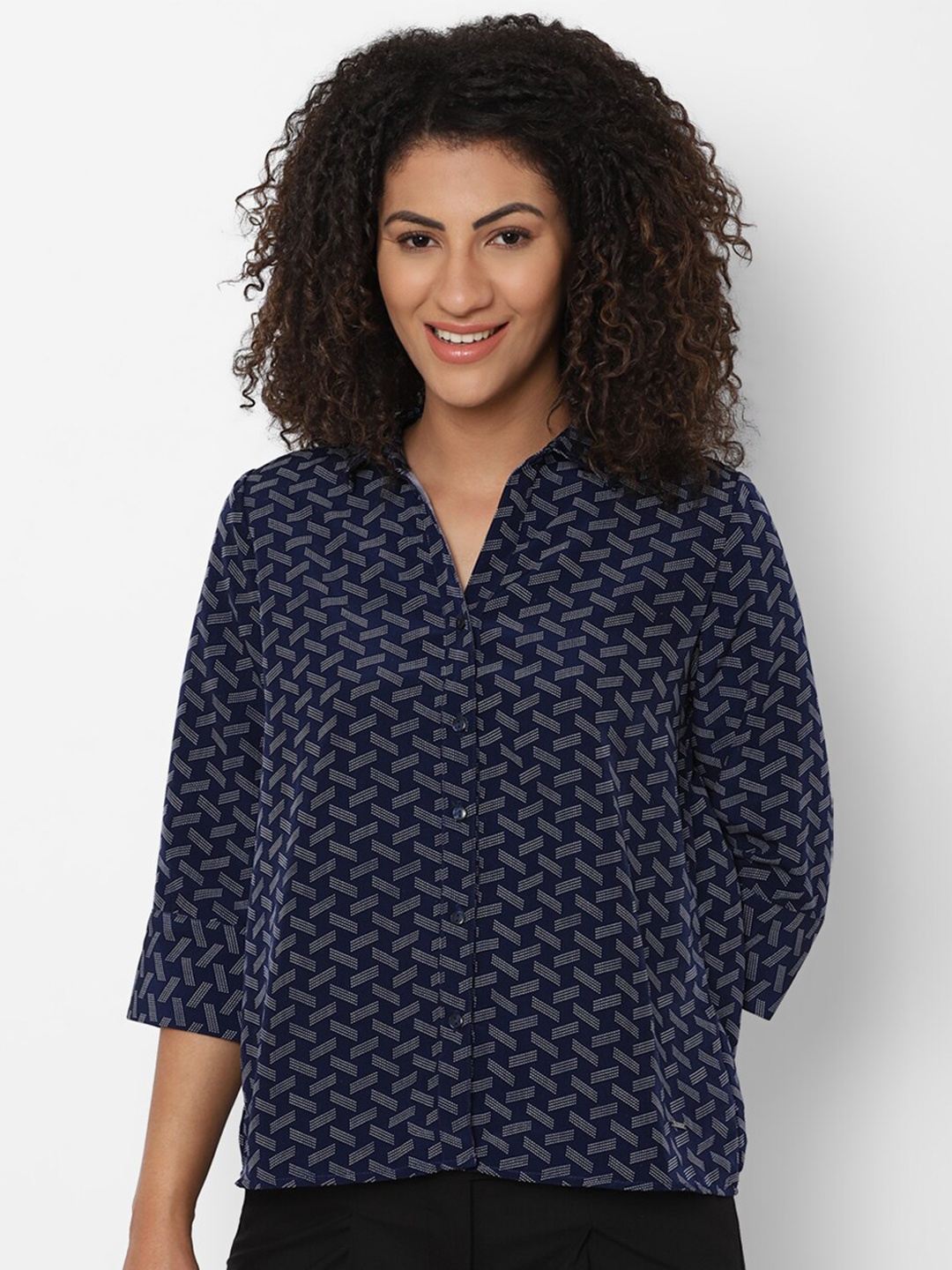

Allen Solly Woman Women Navy Blue & White Printed Pure Cotton Formal Shirt