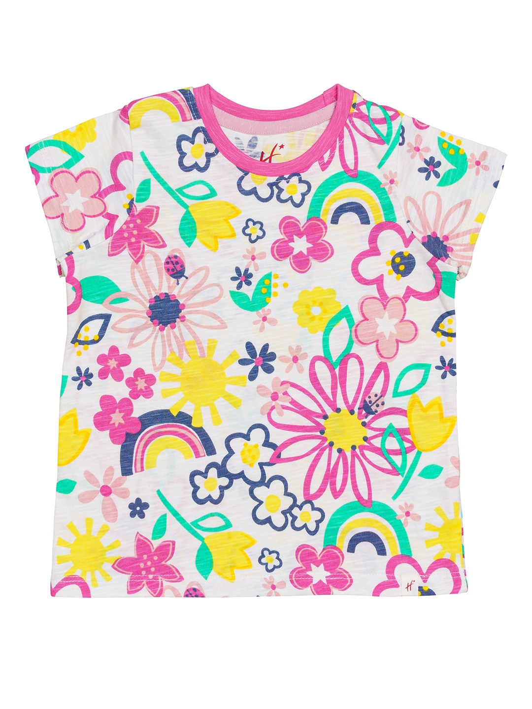 

H By Hamleys Girls White & Pink Floral Printed Pure Cotton T-shirt