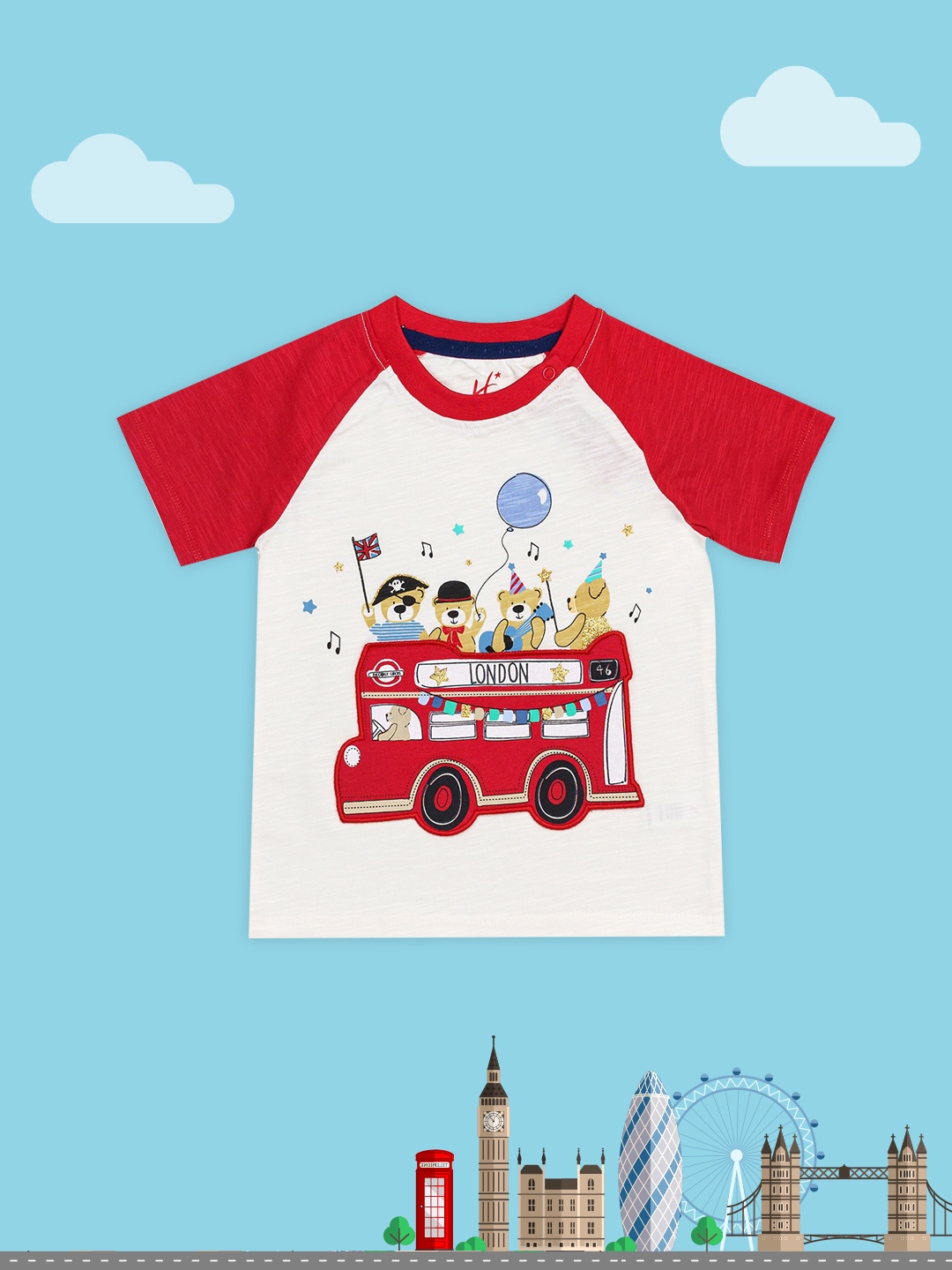 

H By Hamleys Boys Red & White Printed Pure Cotton Applique T-shirt
