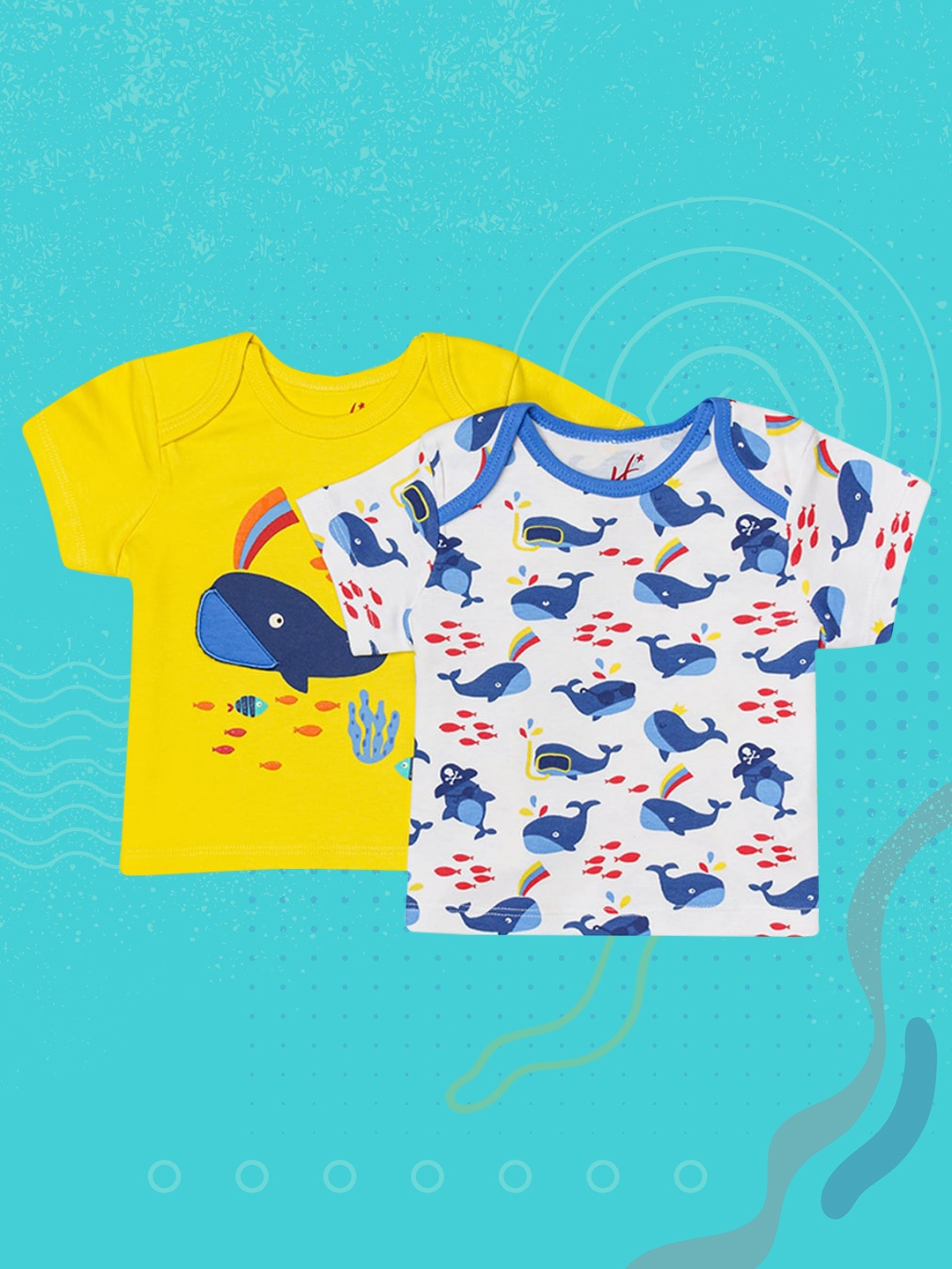 

H By Hamleys Boys Infants Pack Of 2 Yellow & White Dolphin Print Pure Cotton T-shirt