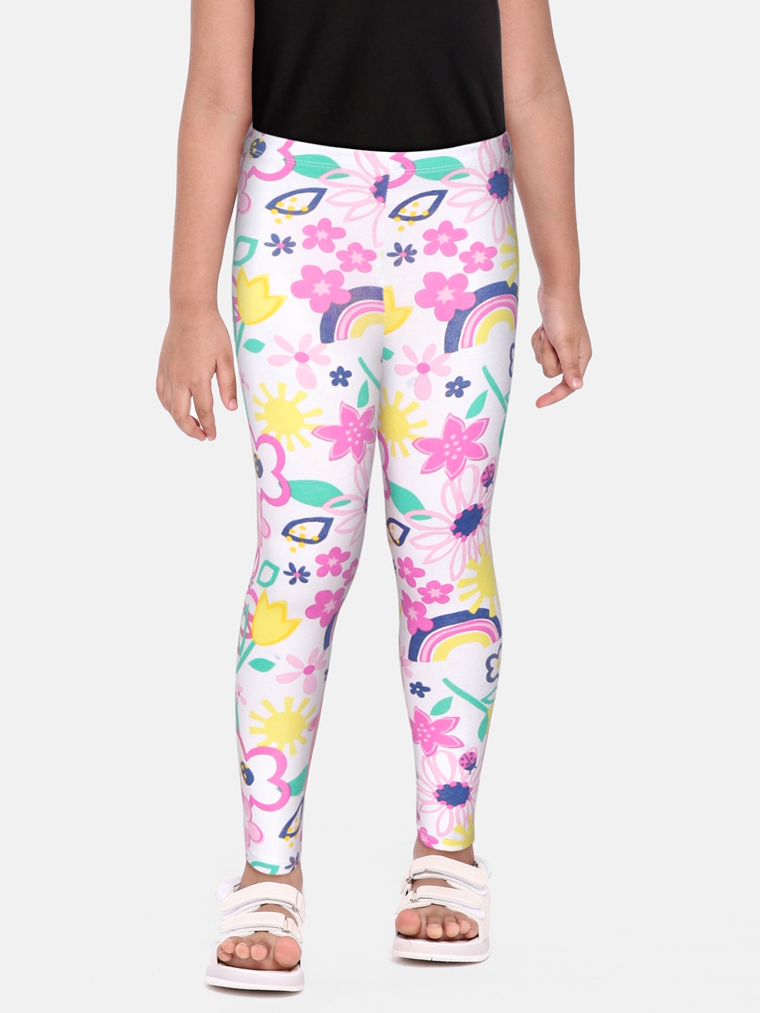 

H By Hamleys Girls White & Pink Floral Print Ankle Length Leggings