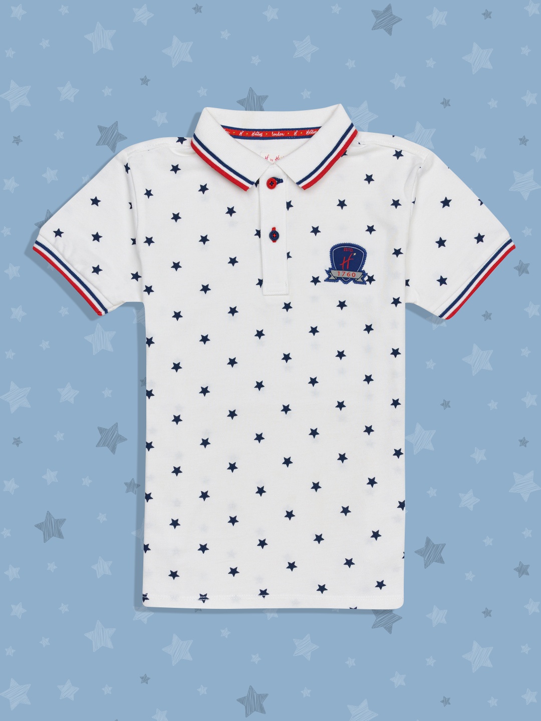 

H By Hamleys Boys White Star Printed Pure Cotton Polo Collar T-shirt