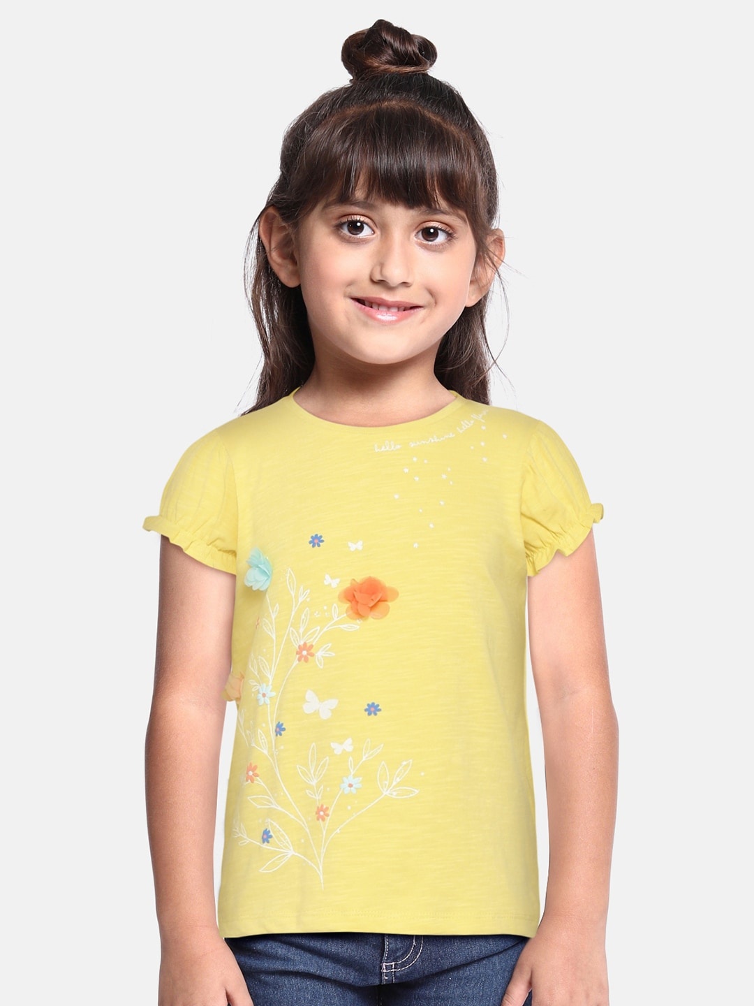 

H By Hamleys Girls Yellow & Orange Floral Print Applique Pure Cotton Top