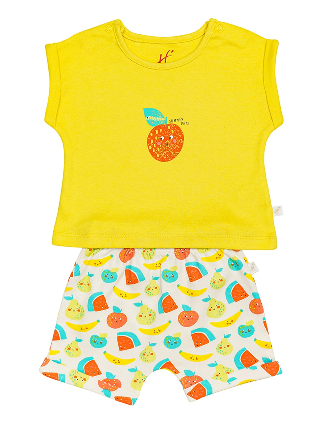 

H By Hamleys Girls Infants Yellow & White Printed Pure Cotton T-shirt with Shorts