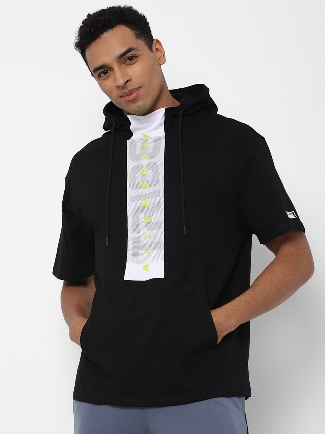

Allen Solly Tribe Men Black Typography Printed Hooded T-shirt