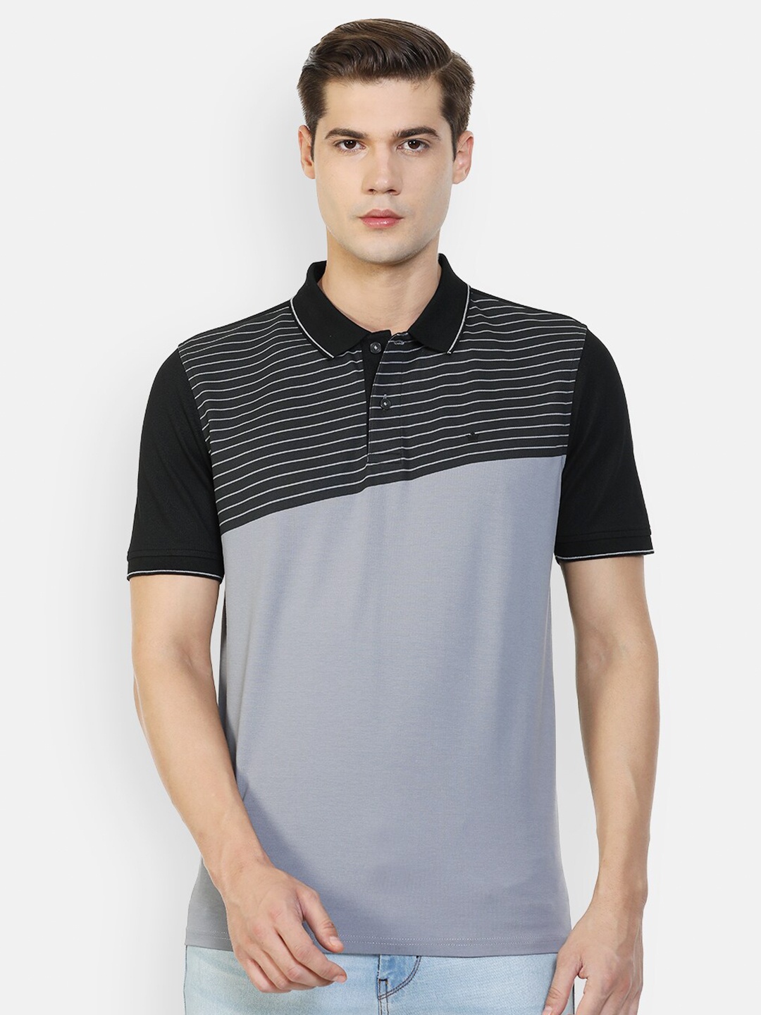 

Louis Philippe Men Black Striped Polo Collar T-shirt