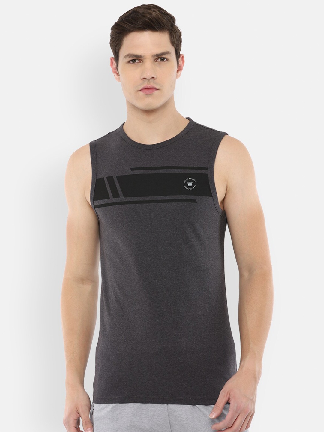 Louis Philippe Men Grey Slim Fit Sleeveless T-shirt