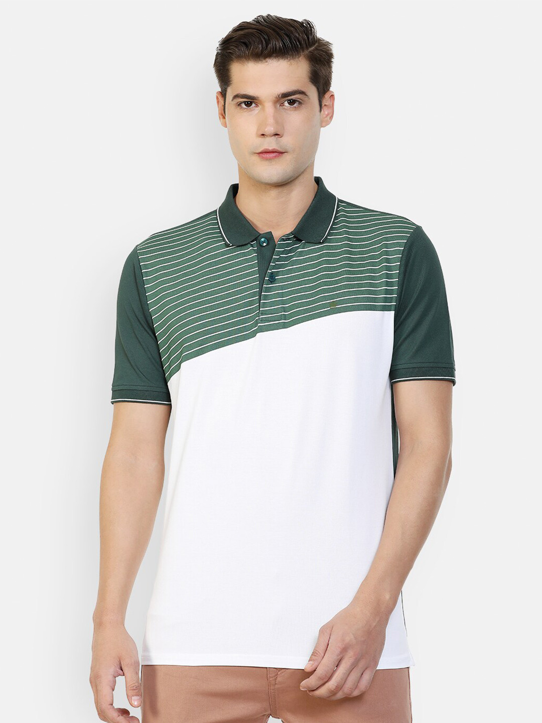 

Louis Philippe Men Green & White Striped Polo Collar T-shirt
