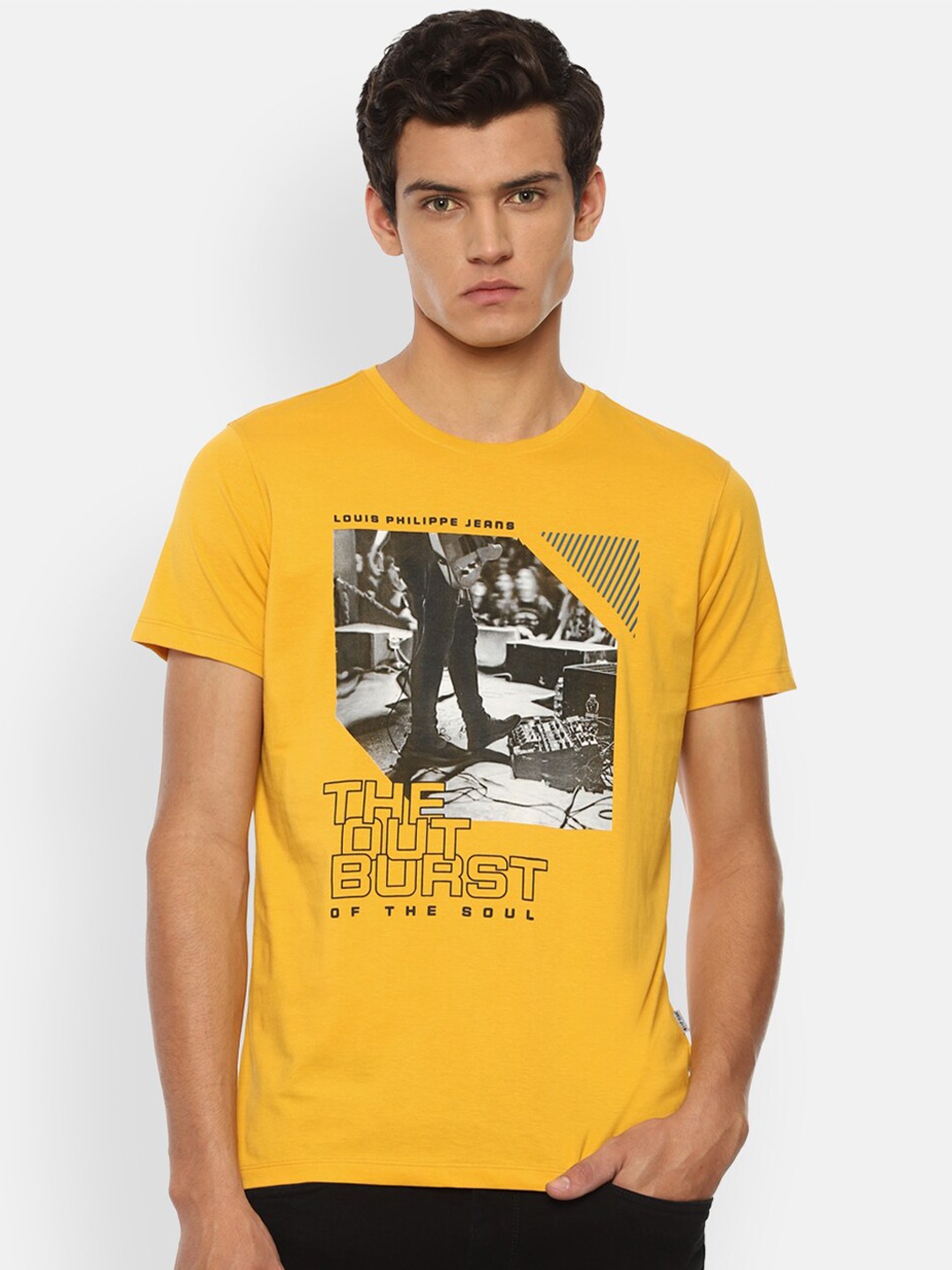 

Louis Philippe Jeans Men Yellow Printed Cotton Slim Fit T-shirt
