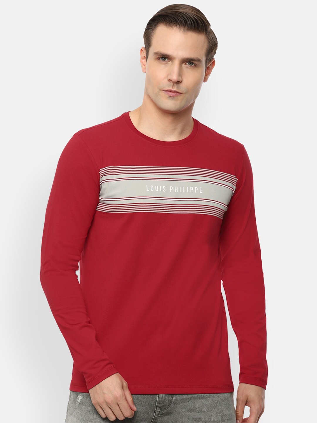 

Louis Philippe Sport Men Red & Grey Striped Slim Fit T-shirt