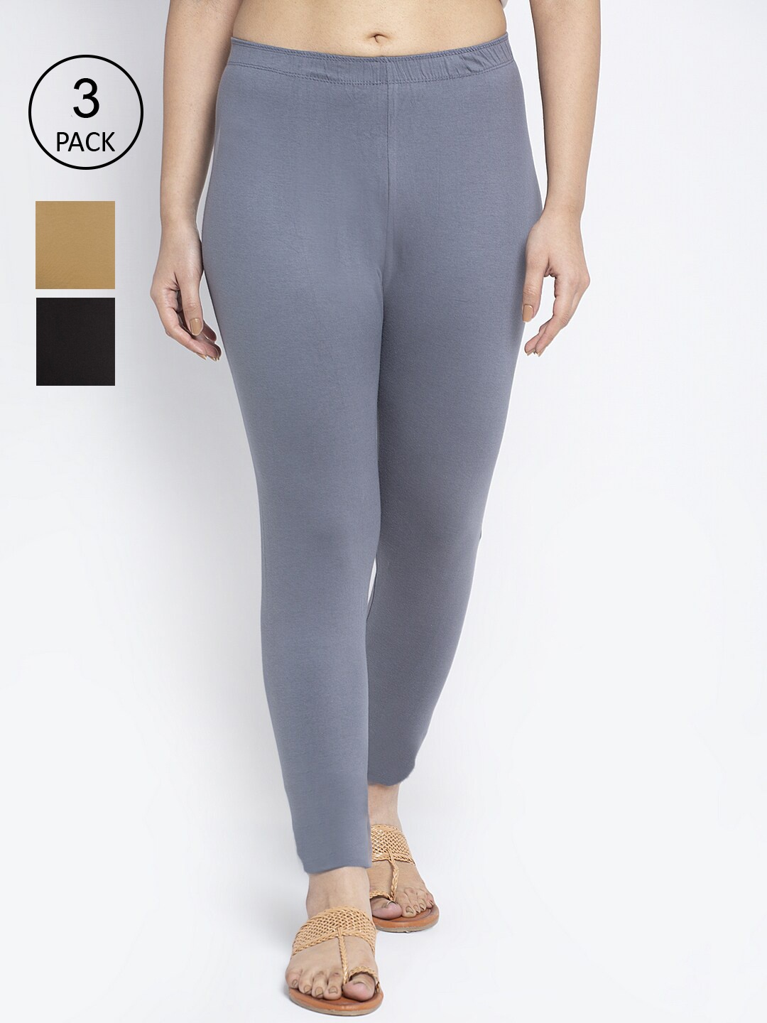 

Jinfo Women Pack Of 3 Black an Grey Solid Cotton Ankle-Length Leggings