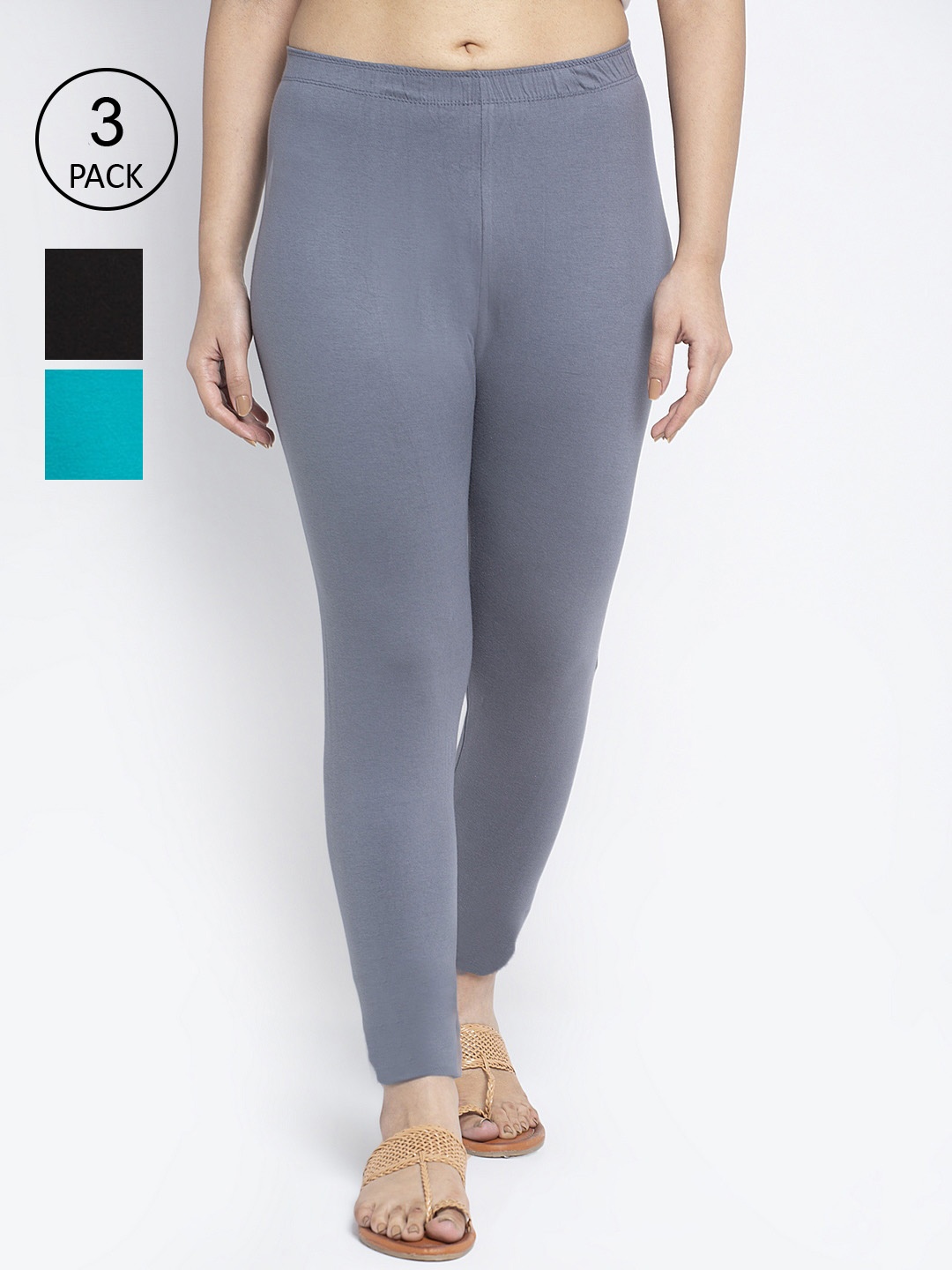 

Jinfo Women Pack Of 3 Black & Grey Solid Leggings