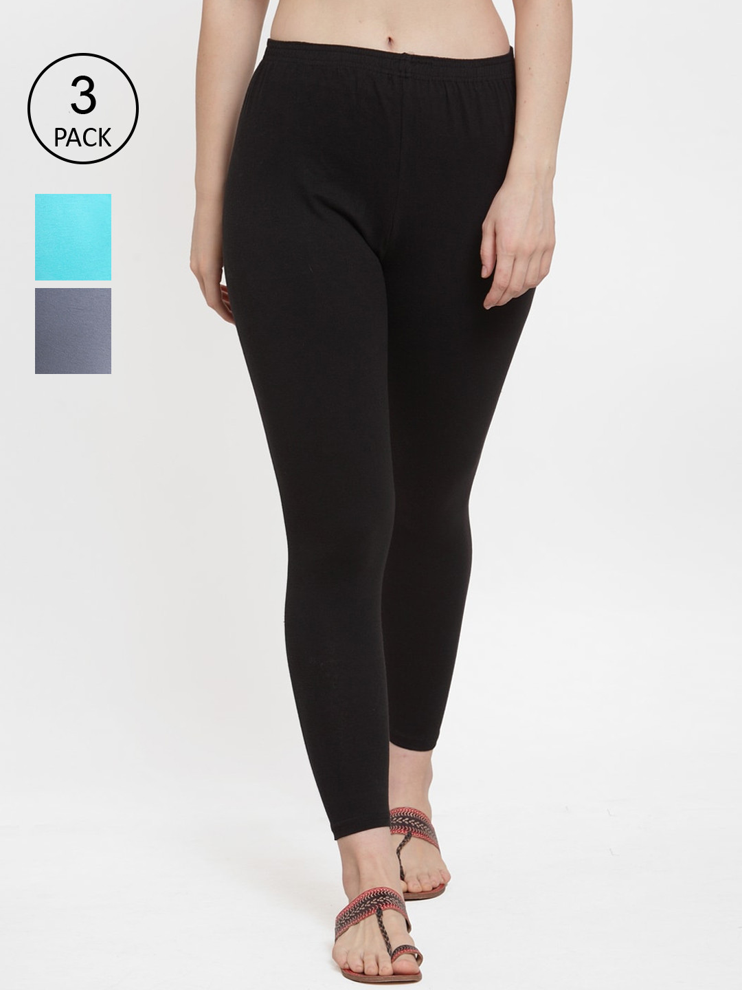 

Jinfo Women Pack Of 3 Black Grey & Aqua Solid Ankle-Length Leggings