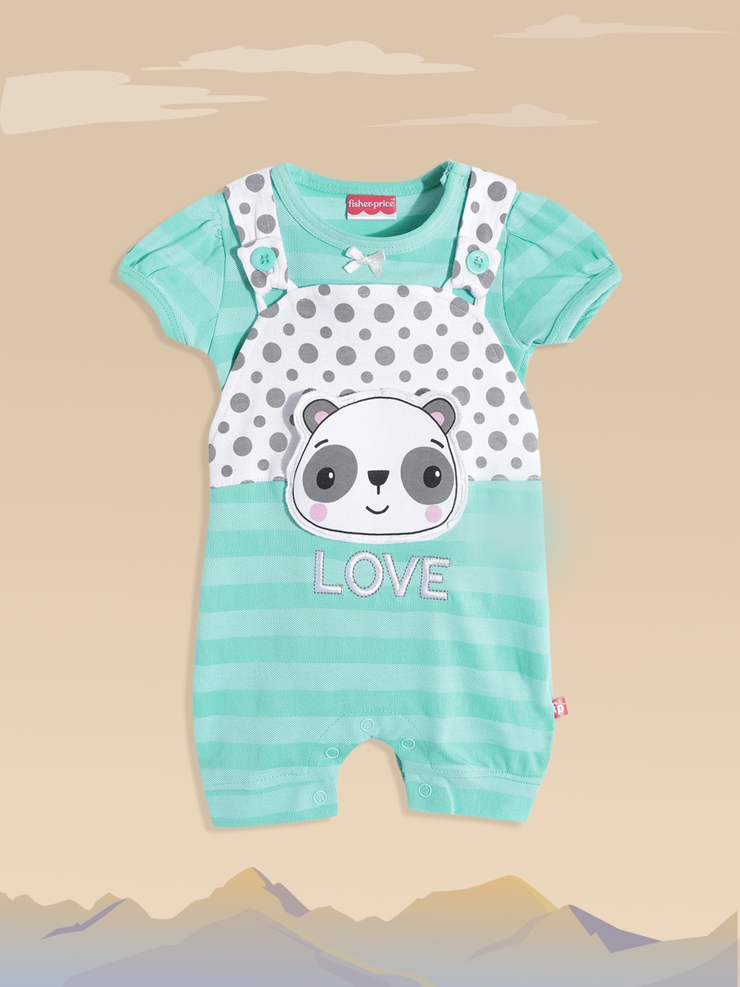 

Fisher Price X Moms Love Infant Girls Green & White Striped Applique Cotton Dungarees Top