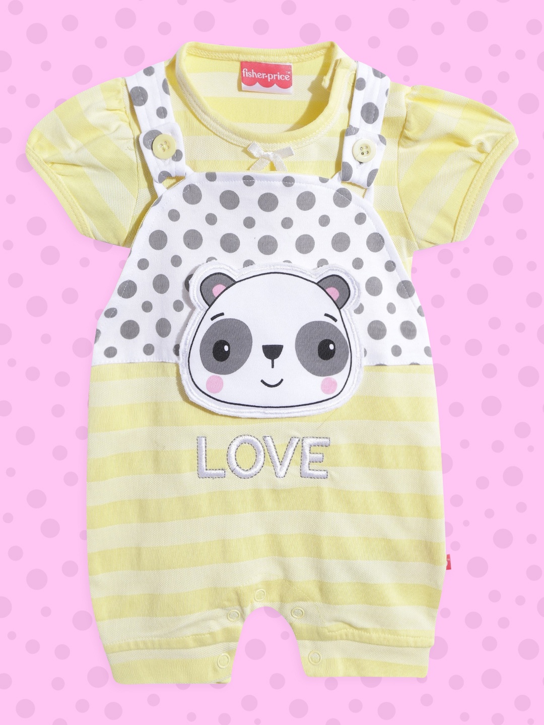 

Fisher Price X Moms Love Infant Girls Yellow & White Striped Applique Cotton Dungarees Top