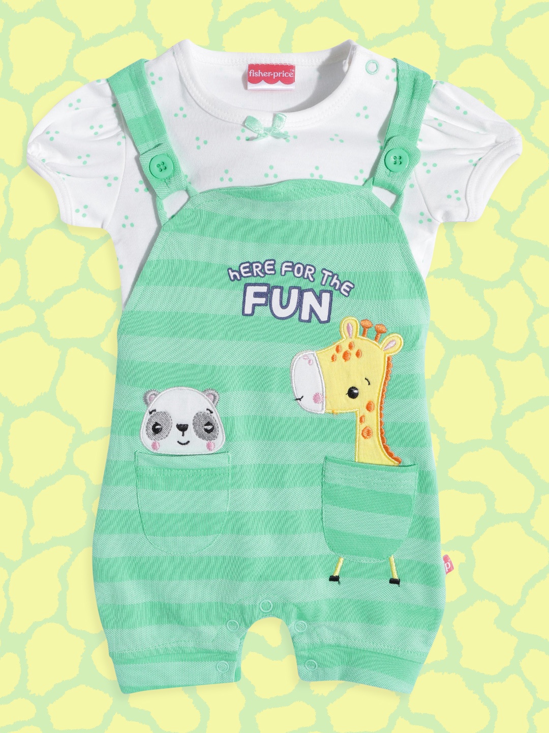 

Fisher Price X Moms Love Infant Girls Green & White Striped Applique Cotton Dungarees Top