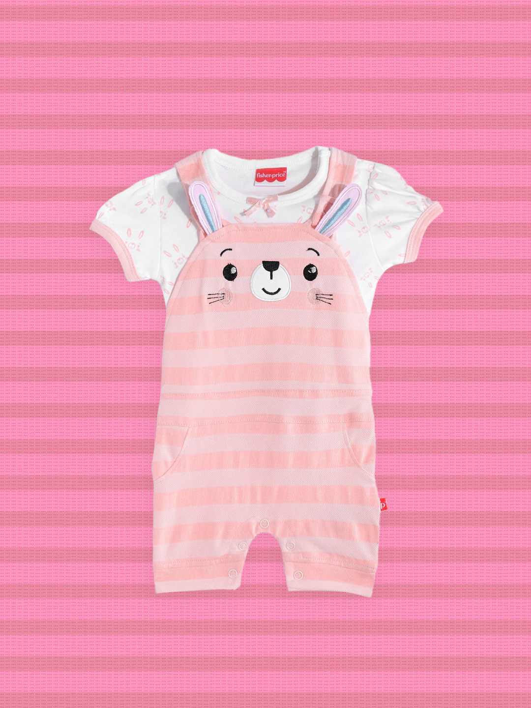 

Fisher Price X Moms Love Infant Girls Pink & White Pure Cotton Dungaree with T-shirt
