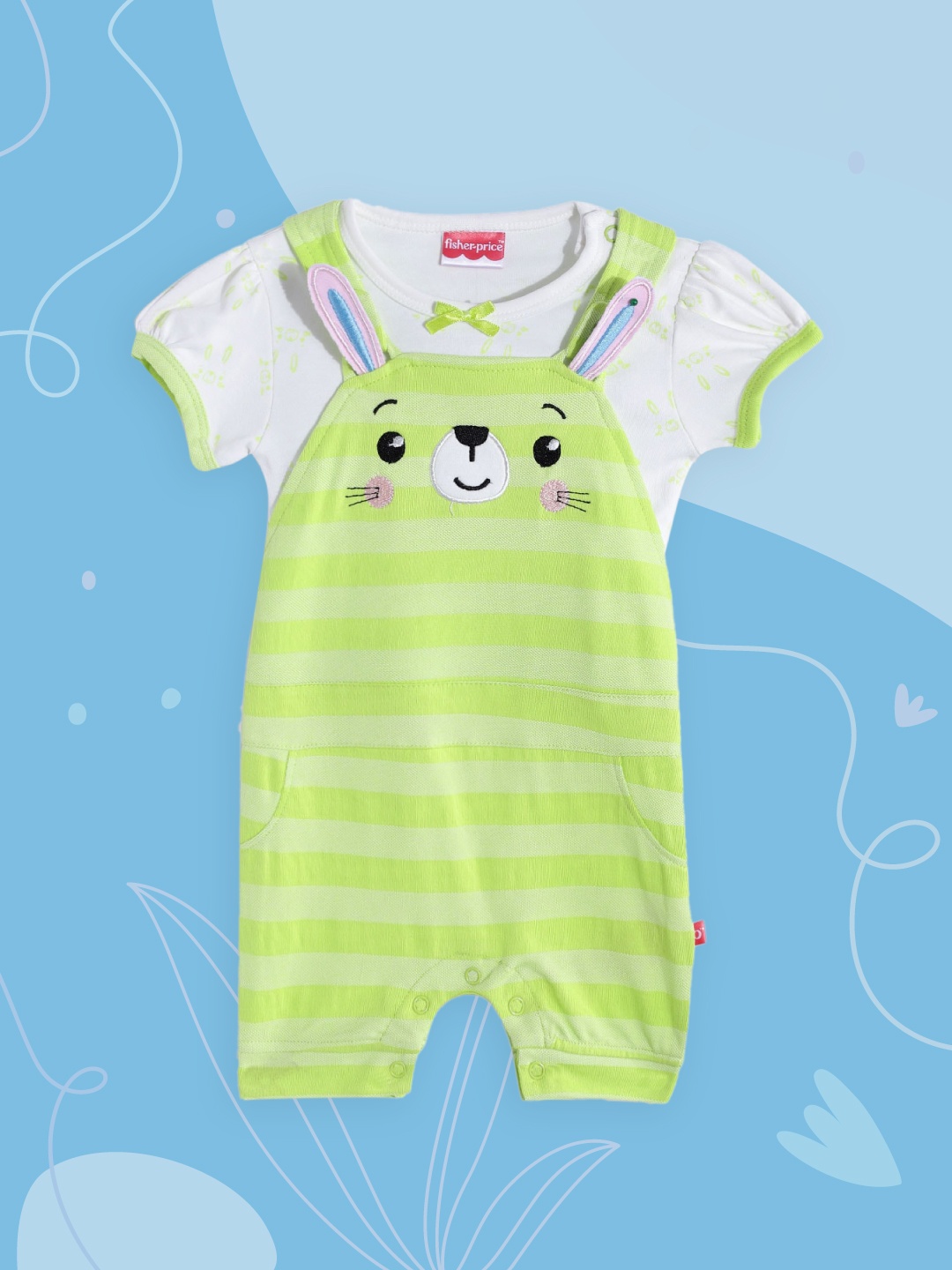 

Fisher Price X Moms Love Infant Girls Neon Green & White Pure Cotton Dungaree with T-shirt, Fluorescent green