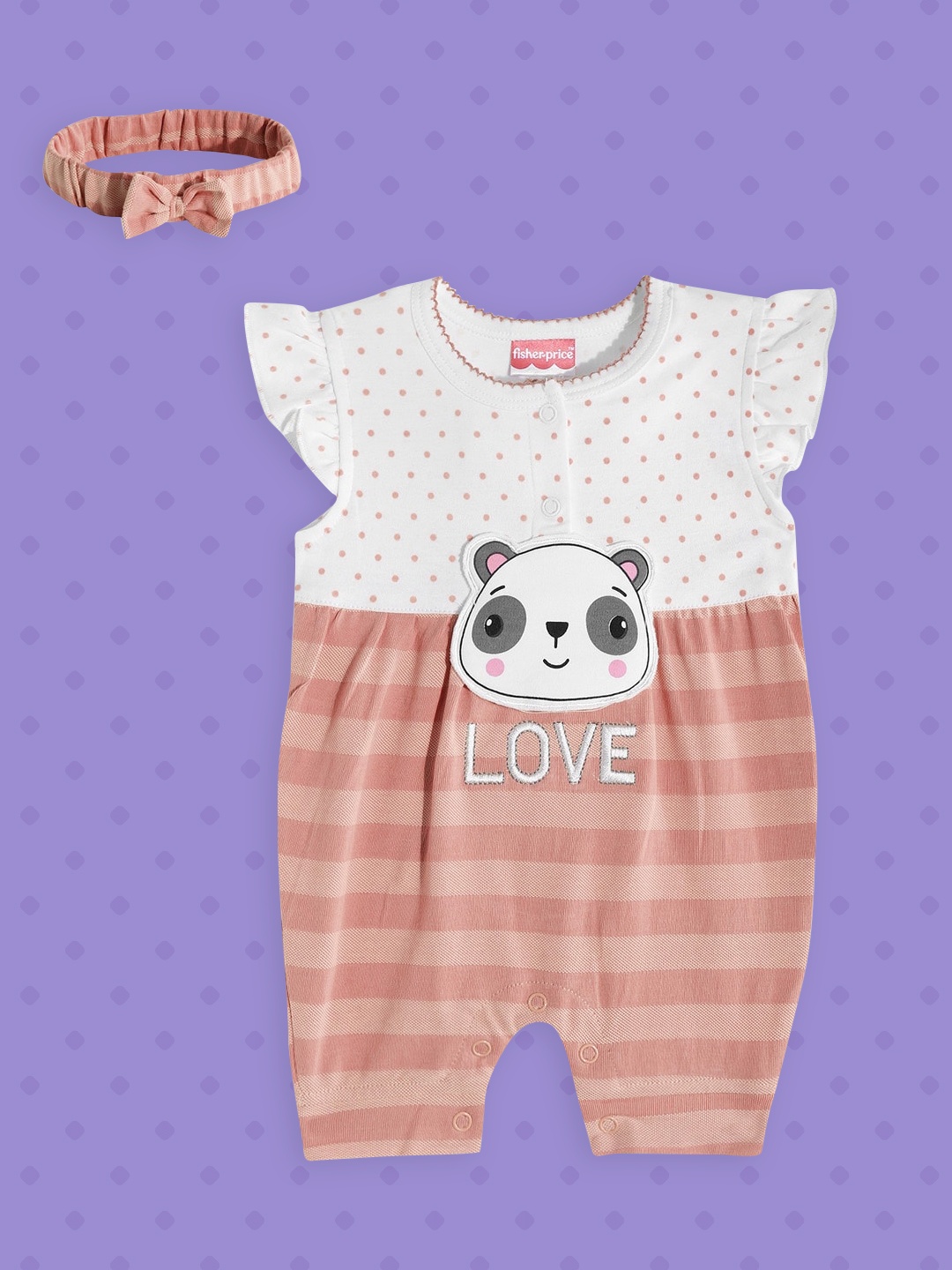 

Fisher Price X Moms Love Infant Girls Peach-Colour Polka Dot Print Cotton Romper Hairband