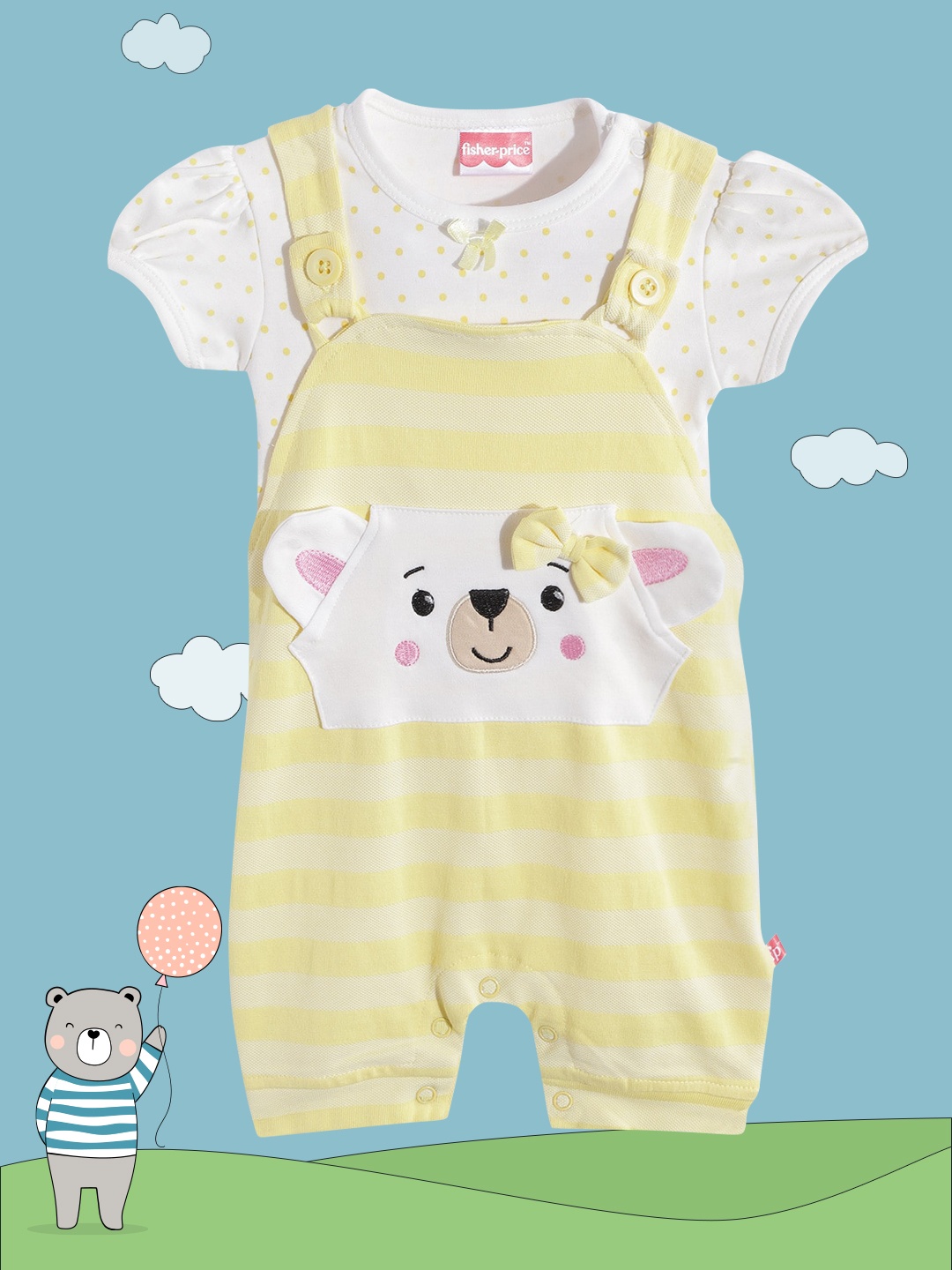 

Fisher Price X Moms Love Infant Girls Yellow & White Striped Cotton Dungaree & T-shirt