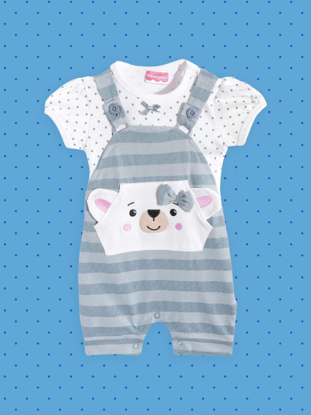 

Fisher Price X Moms Love Infant Girls Blue & White Striped Cotton Dungaree & T-shirt