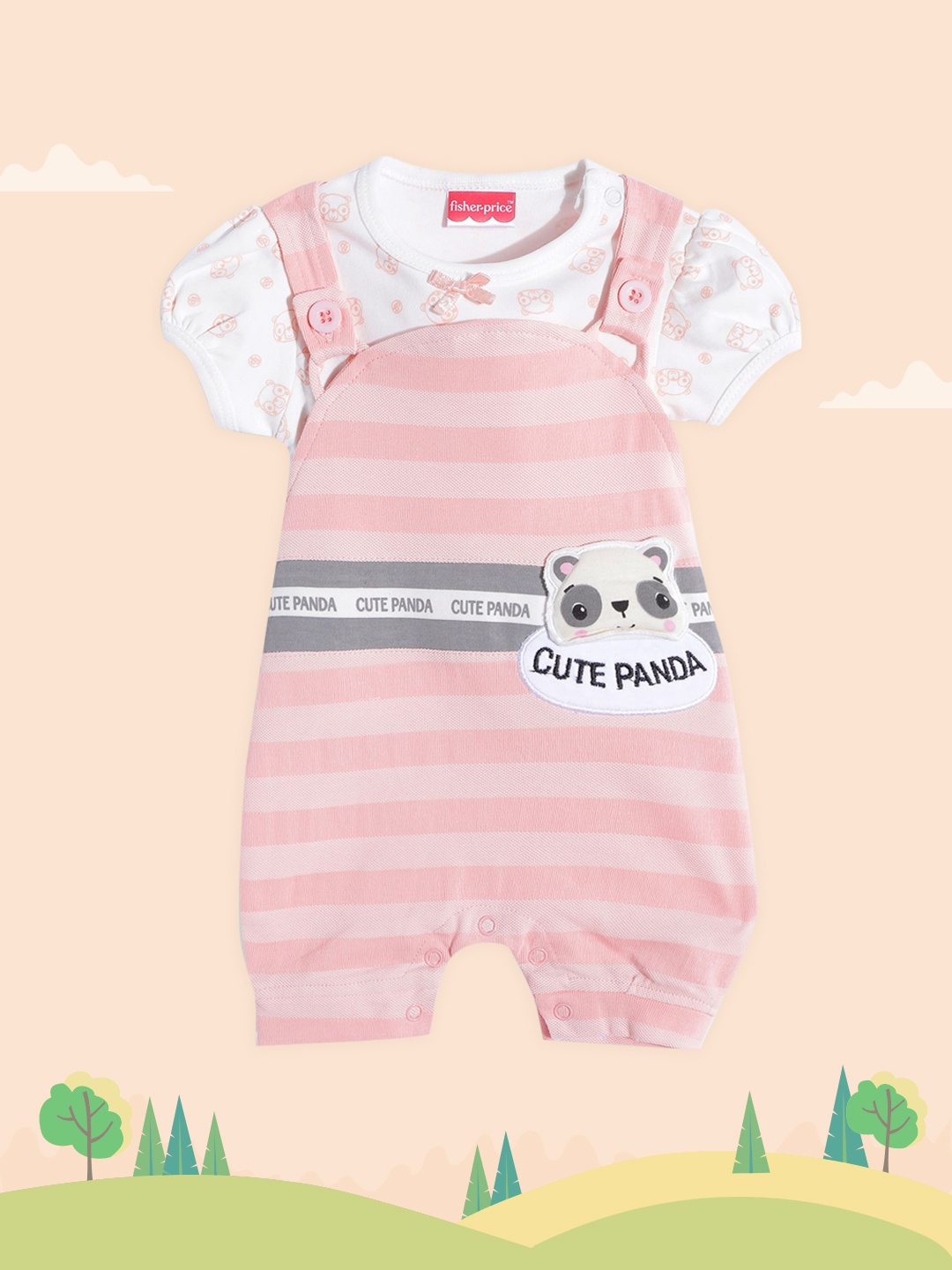 

Fisher Price X Moms Love Infant Girls Pink & White Striped Applique Cotton Dungarees Top