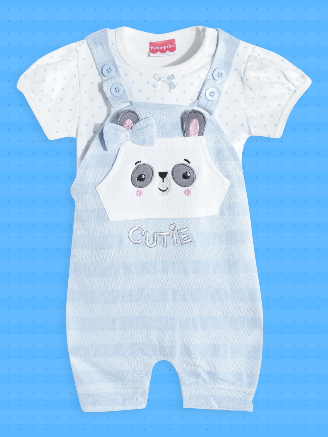 

Fisher Price X Moms Love Infant Girls Blue Striped Cotton Dungaree with T-shirt