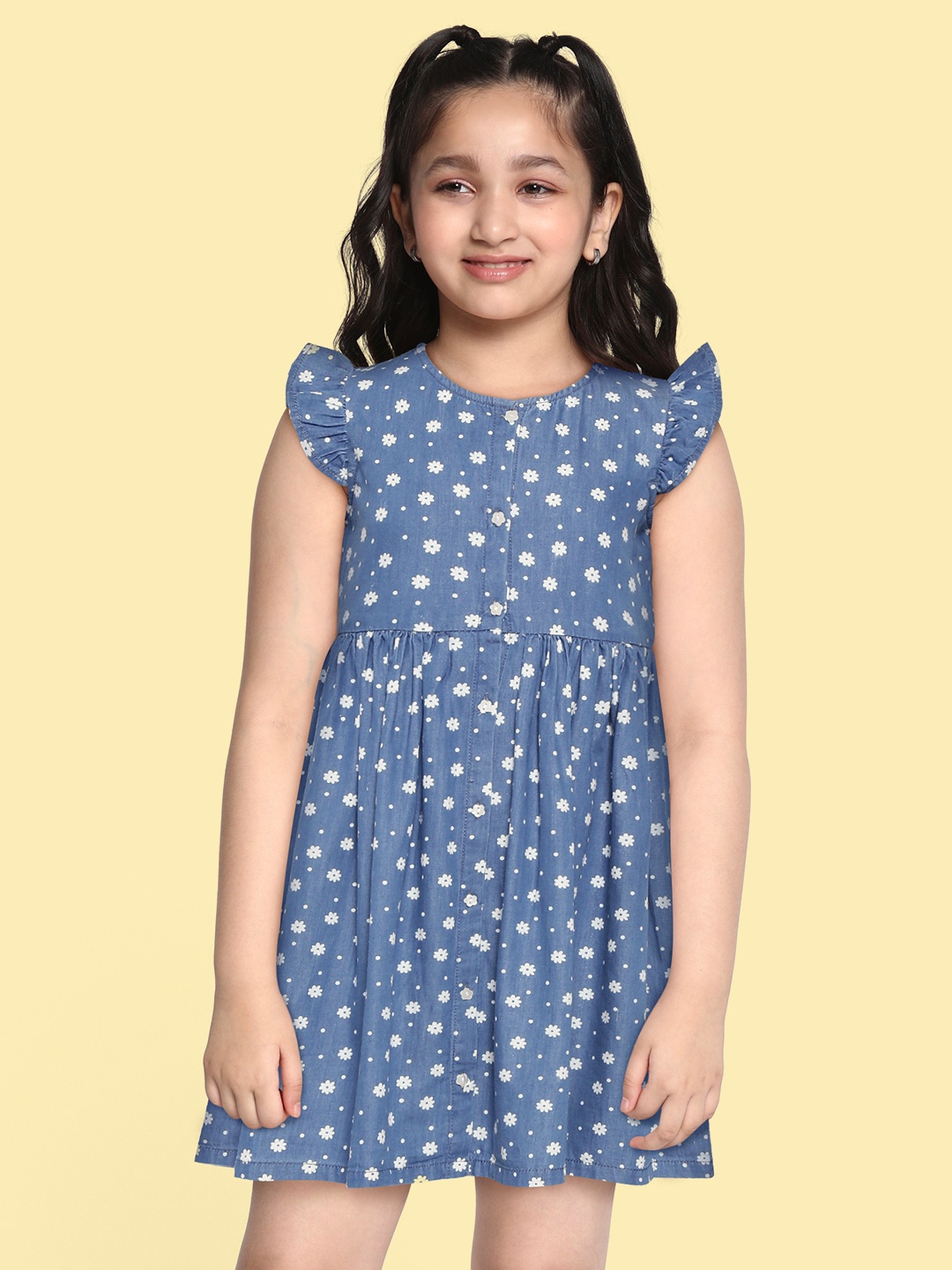 

H By Hamleys Girls Blue & White Floral Print Pure Cotton Fit & Flare Dress