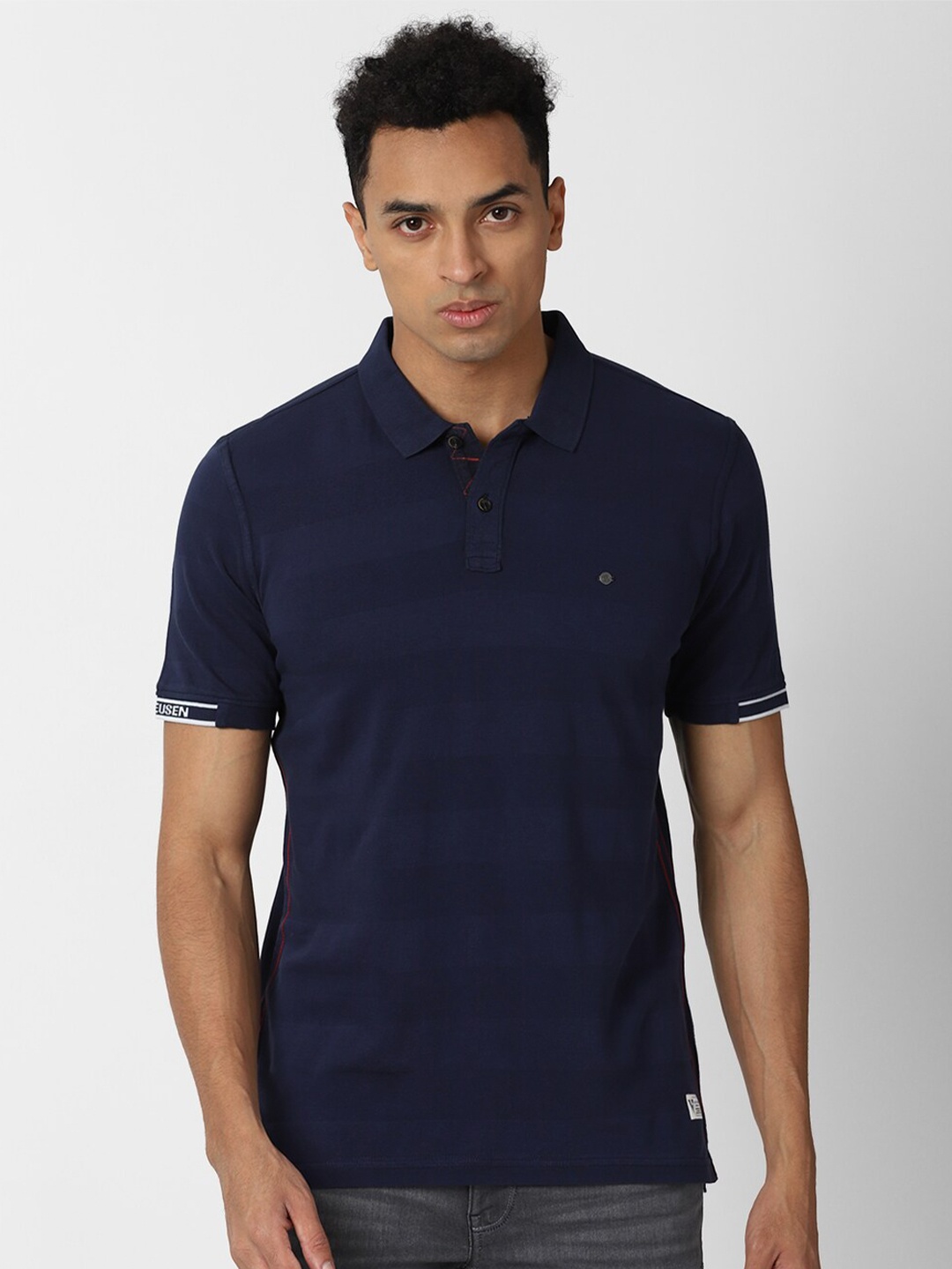 

VAN HEUSEN DENIM LABS Men Navy Blue Polo Collar Regular Fit Pure Cotton T-shirt
