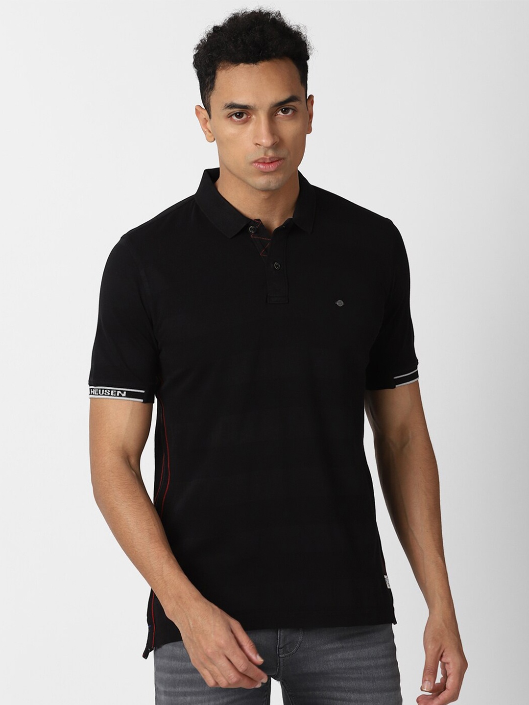 

VAN HEUSEN DENIM LABS Men Black Polo Collar Cotton T-shirt