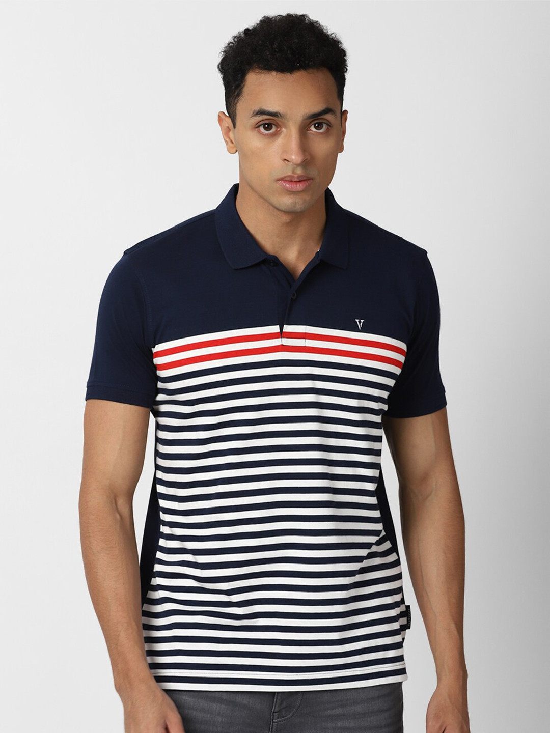 

Van Heusen Sport Men White & Navy Striped Polo Collar Cotton T-shirt