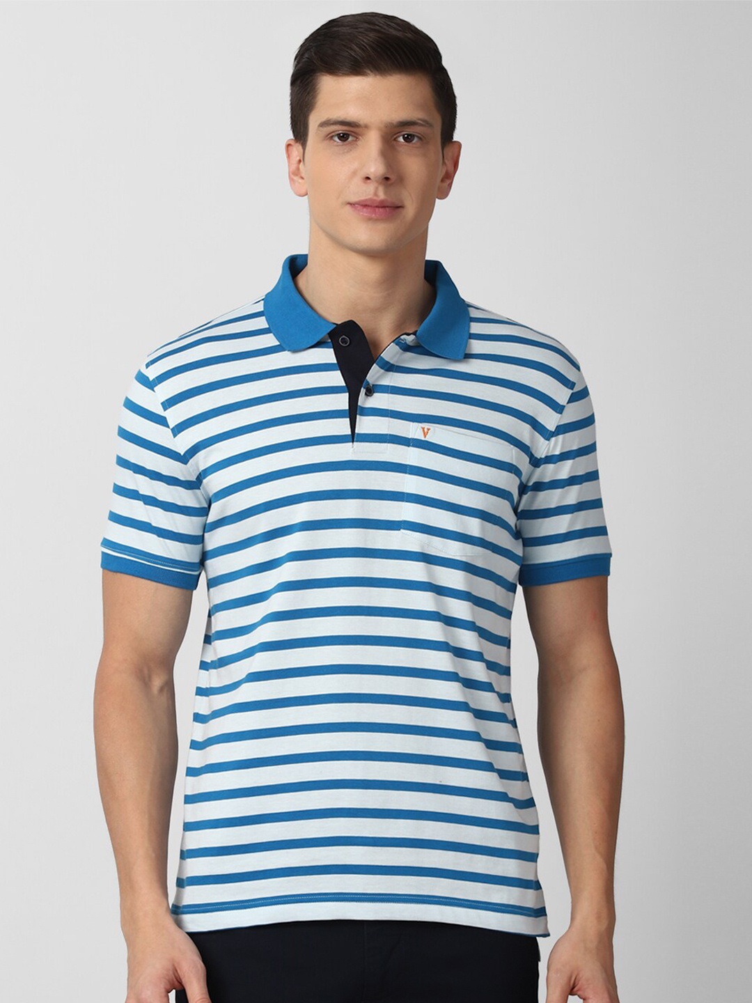 

Van Heusen Sport Men Blue & White Striped Pure Cotton Polo Collar T-shirt