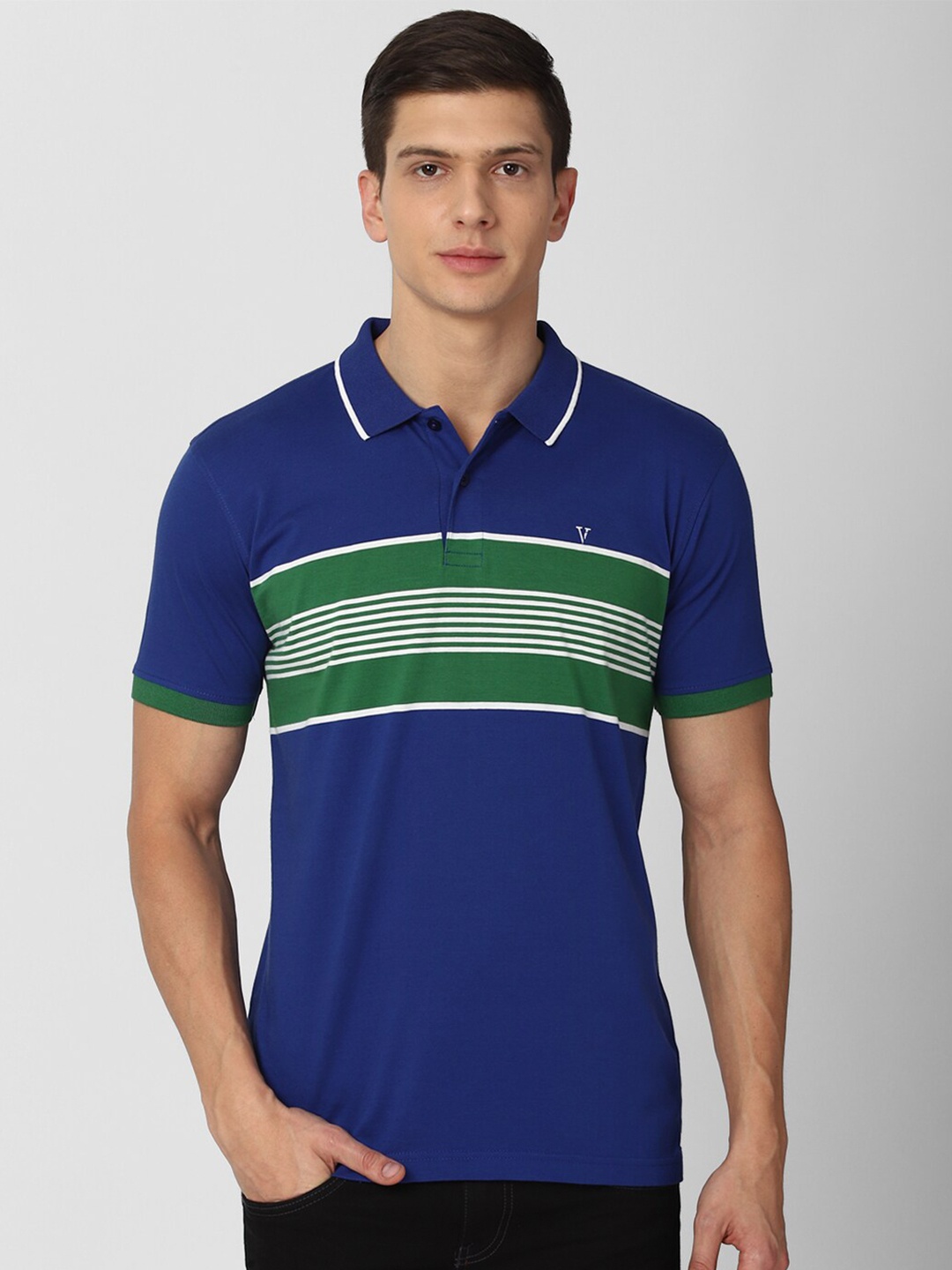 

Van Heusen Sport Men Blue Striped Polo Collar Cotton T-shirt