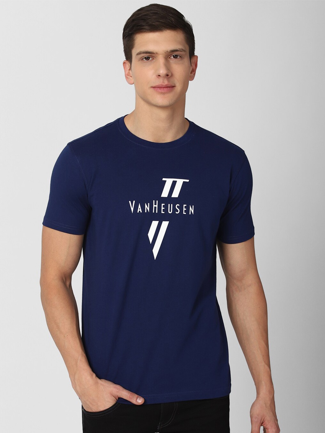 

Van Heusen Sport Men Navy Blue Brand Logo Printed Regular Fit Cotton T-shirt