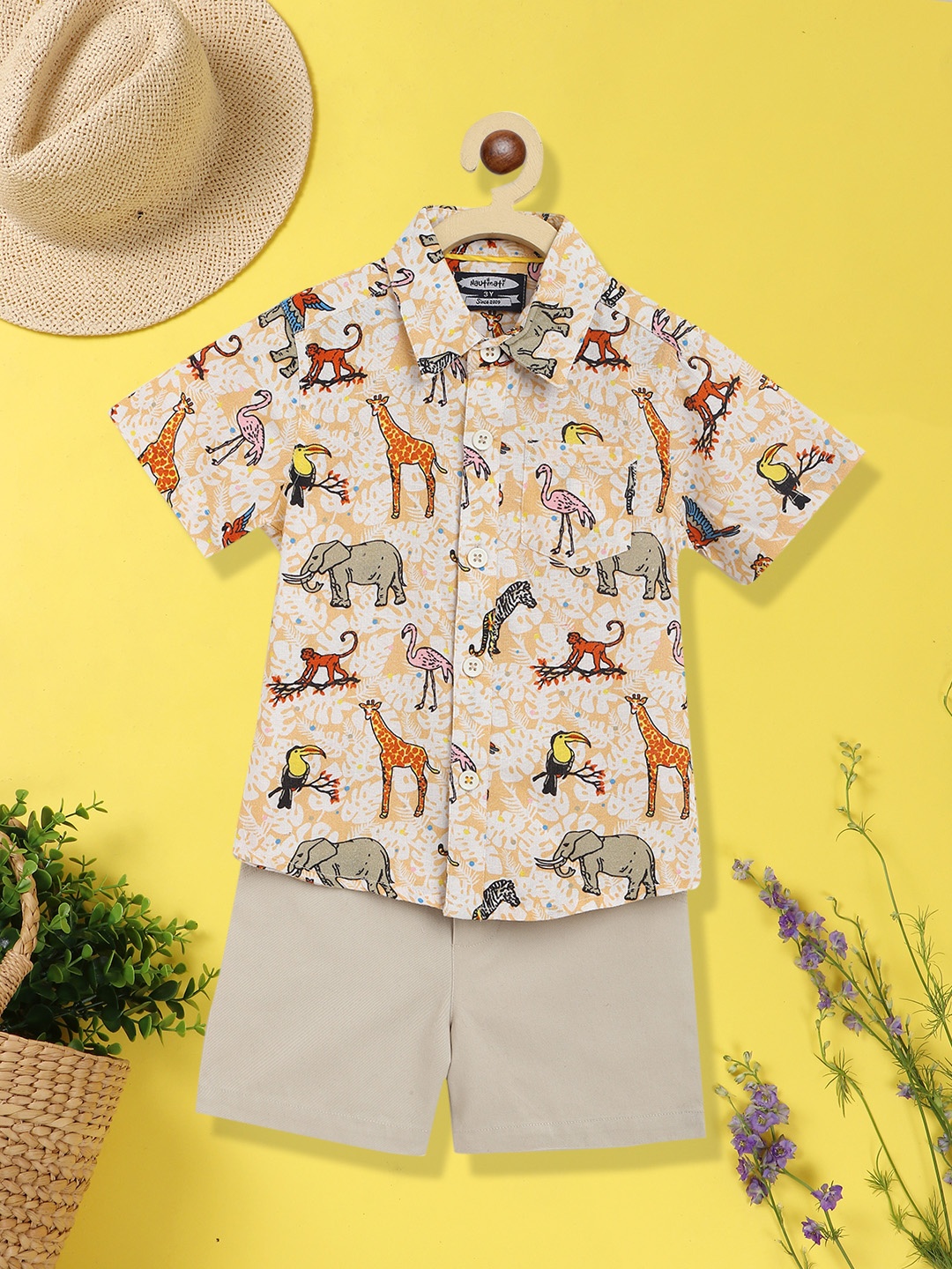 

Nauti Nati Boys Beige & Orange Printed Pure Cotton Shirt with Shorts