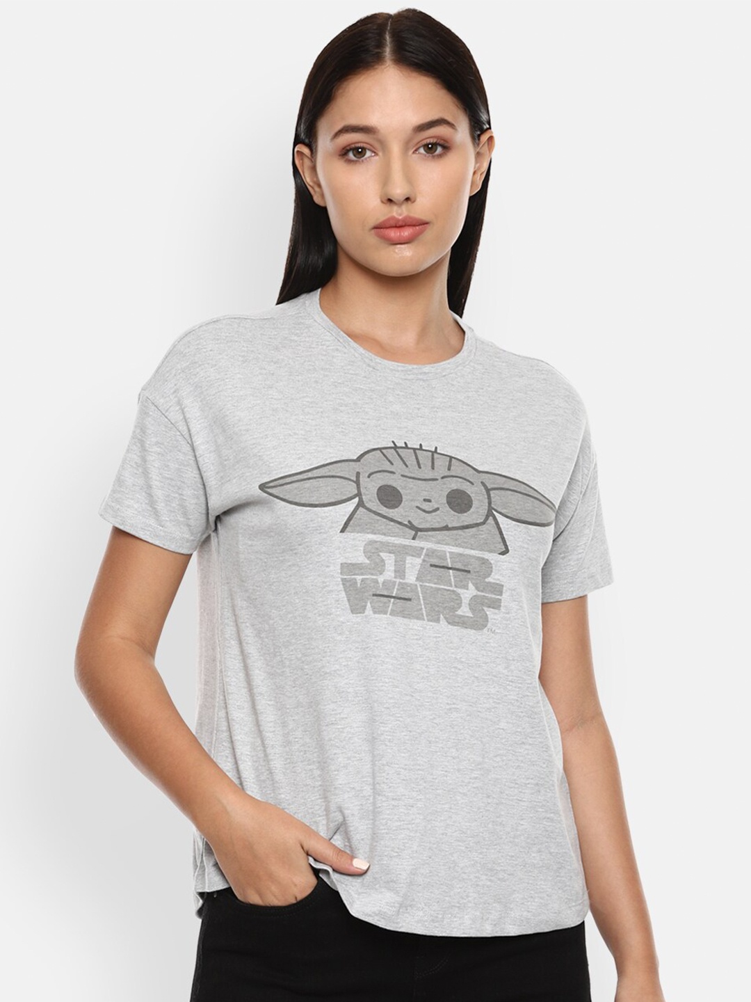 

Van Heusen Woman Grey Typography Printed Raw Edge T-shirt