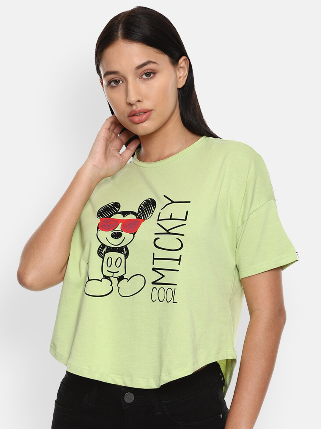 

Van Heusen Woman Green Cotton Mickey Mouse Printed Raw Edge T-shirt