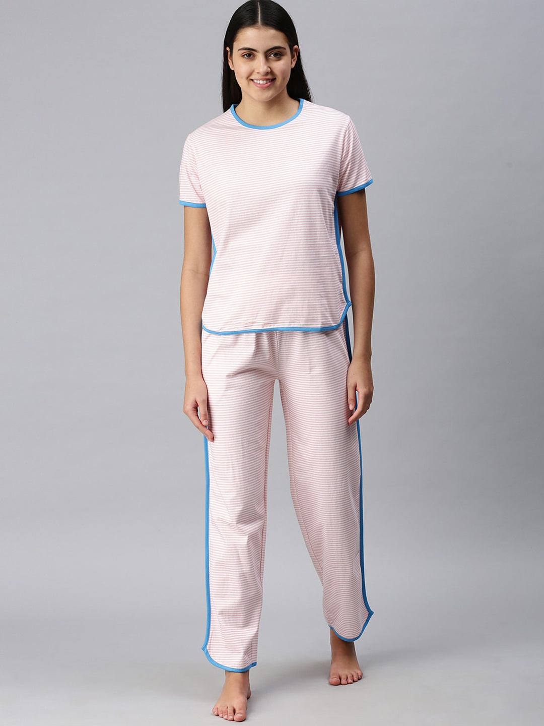 

De Moza Women Pink Striped Pure Cotton Night suit