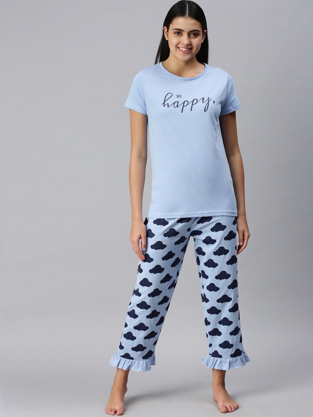 

De Moza Women Blue & Navy Blue Printed Cotton Night suit