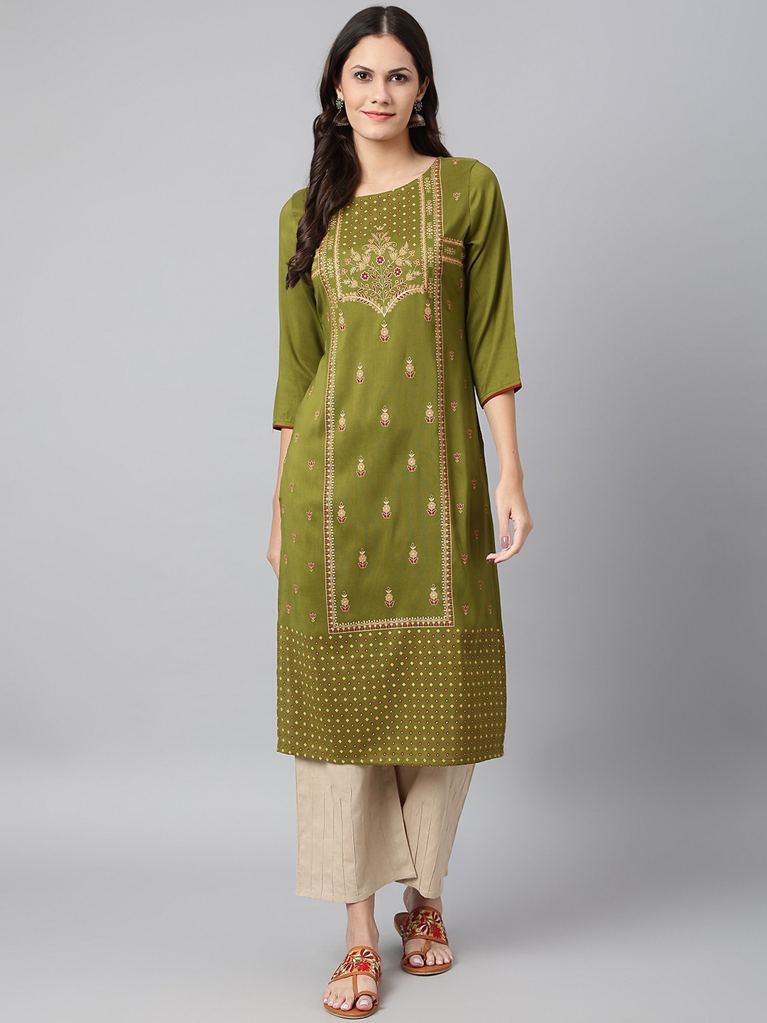 

Os Women Olive Green Ethnic Motifs Printed Keyhole Neck Kurta