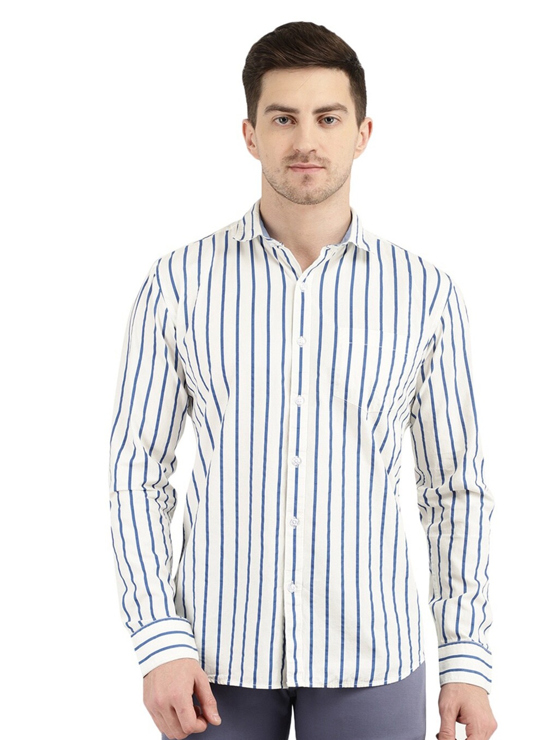 

V-Mart Men Navy Blue Standard Slim Fit Striped Cotton Casual Shirt