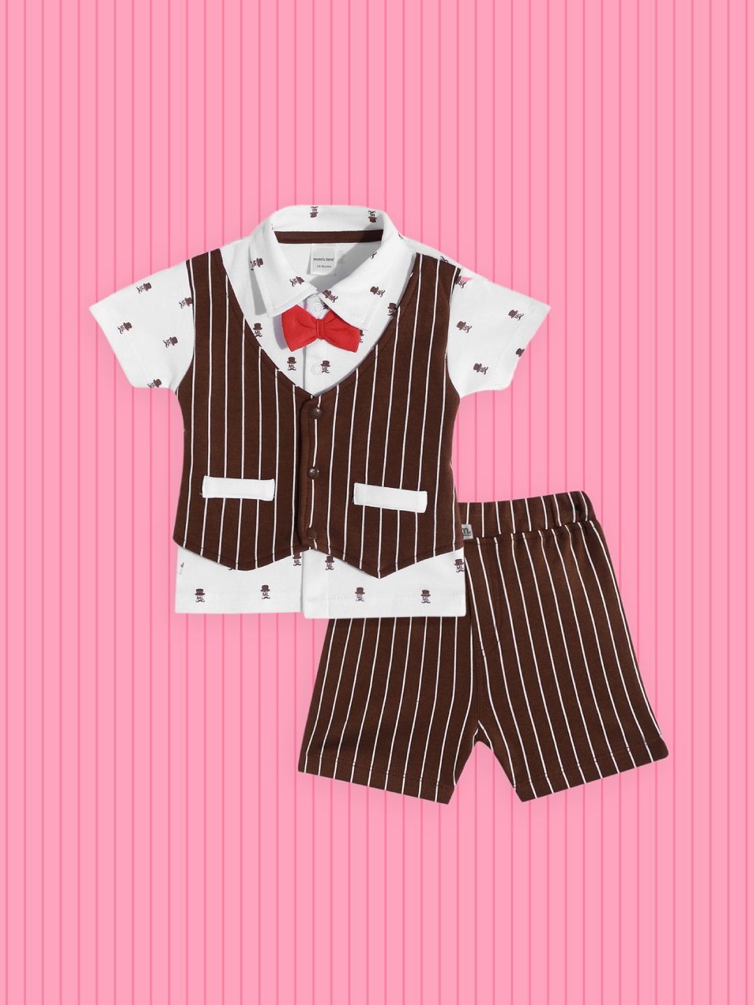 

Moms Love Infant Boys White & Coffee Brown Conversational Print Cotton Clothing Set